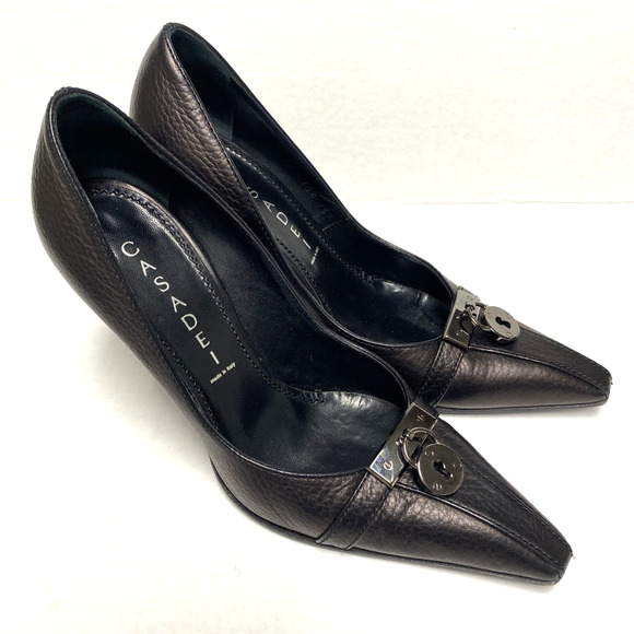Casadei Pump Black Leather Point Toe Lock Charm Slim Heel Italy Slip On … - Picture 3 of 11
